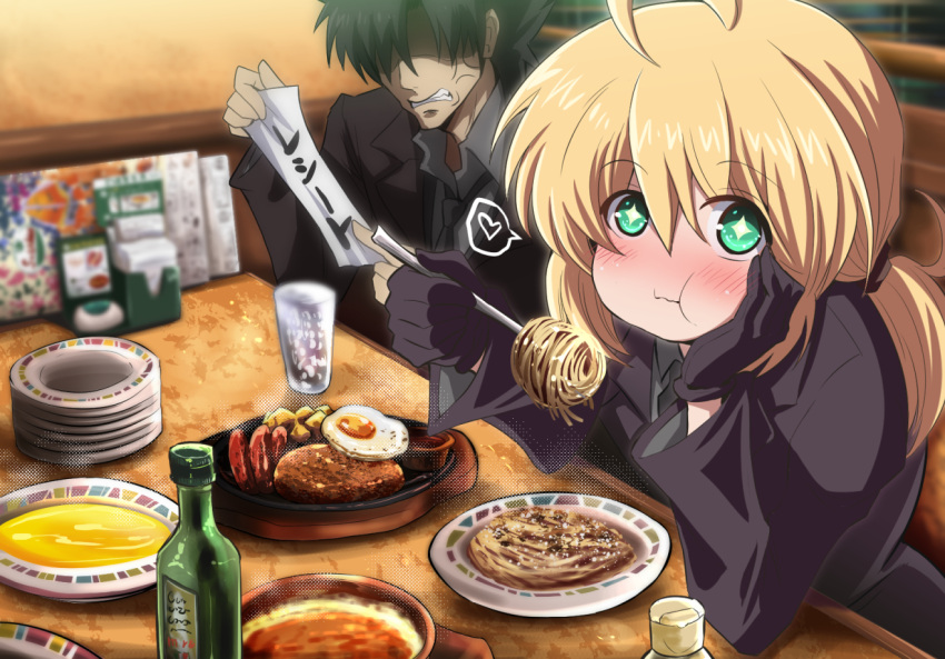 +_+ 1boy ahoge anger_vein angry artoria_pendragon_(fate) black_hair blonde_hair booth_seating commentary_request doria_(food) eating emiya_kiritsugu fate/zero fate_(series) female food formal fujitaka_nasu glutton green_eyes hamburger_steak looking_at_viewer no_eyes pasta restaurant saber_(fate) saizeriya shaded_face spaghetti suit translated