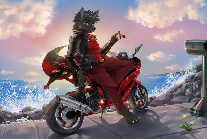 absurd_res anthro black_body black_fur black_nose canid canine canis claws fangs fur hi_res leaning looking_at_viewer male mammal motorcycle muscular sea solo sparkittyart sunset teeth vehicle water wolf yellow_eyes