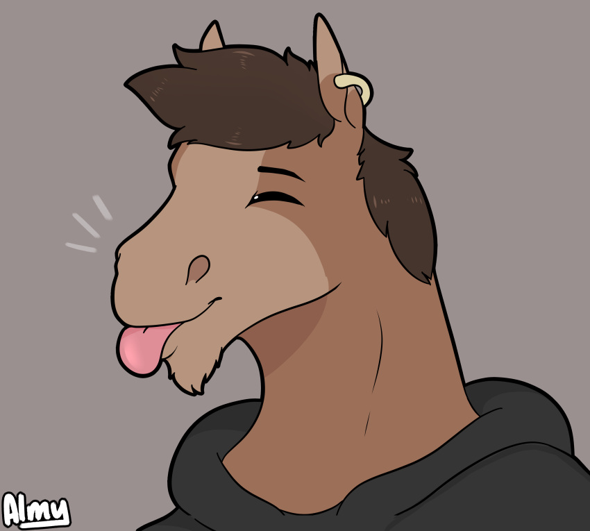 absurd_res almy anthro blep brick_heartstone closed_eyes clothing ear_piercing equid equine hi_res hoodie horse male mammal piercing simple_background smile solo tongue tongue_out topwear