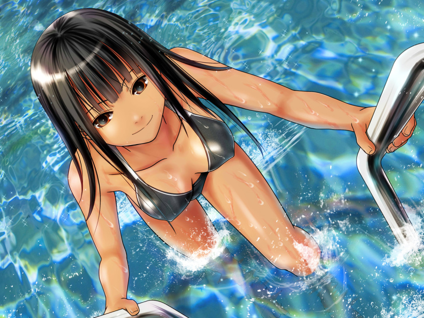 ano_hito bad_id bad_pixiv_id bikini black_bikini black_hair breasts brown_eyes check_commentary climbing commentary_request covered_nipples eyebrows_hidden_by_hair female from_above medium_breasts original pool smile solo sparkle splashing swimsuit tan