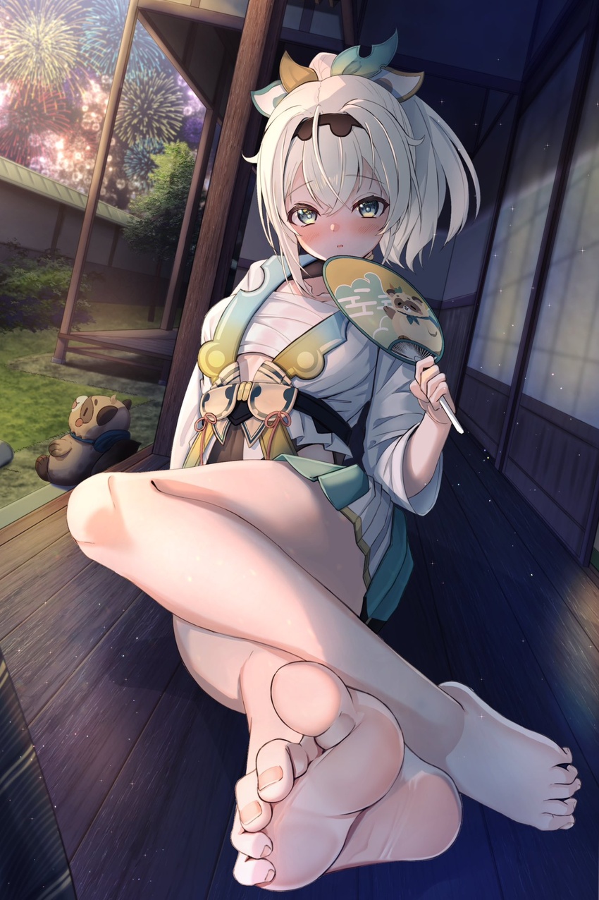 architecture arm_support bare_legs barefoot black_hairband blonde_hair blush breasts chest_sarashi closed_eyes closed_mouth collarbone commentary_request crossed_bangs dutch_angle east_asian_architecture feet female fireworks foot_focus foreshortening green_eyes hair_between_eyes hair_ornament hairband hand_fan haori highres holding hololive japanese_clothes kazama_iroha kazama_iroha_(1st_costume) leaf_hair_ornament long_hair long_sleeves looking_at_viewer medium_breasts nyoon on_ground outdoors paper_fan pleated_skirt pokobee ponytail sarashi shadow shrug_(clothing) sitting skirt sliding_doors soles solo tanuki thighs toe_scrunch toenails toes uchiwa virtual_youtuber wooden_floor