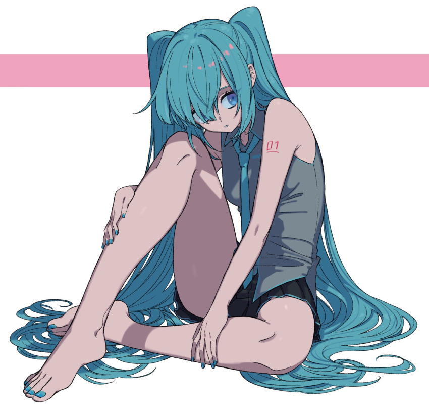 aqua_eyes aqua_hair aqua_necktie bare_legs barefoot black_skirt blue_eyes blue_hair commentary feet female full_body hair_between_eyes hair_over_one_eye hatsune_miku highres itou_(very_ito) long_hair looking_away nail_polish necktie parted_lips pleated_skirt simple_background sitting skirt sleeveless solo spring_onion toenail_polish toenails toes twintails very_long_hair vocaloid