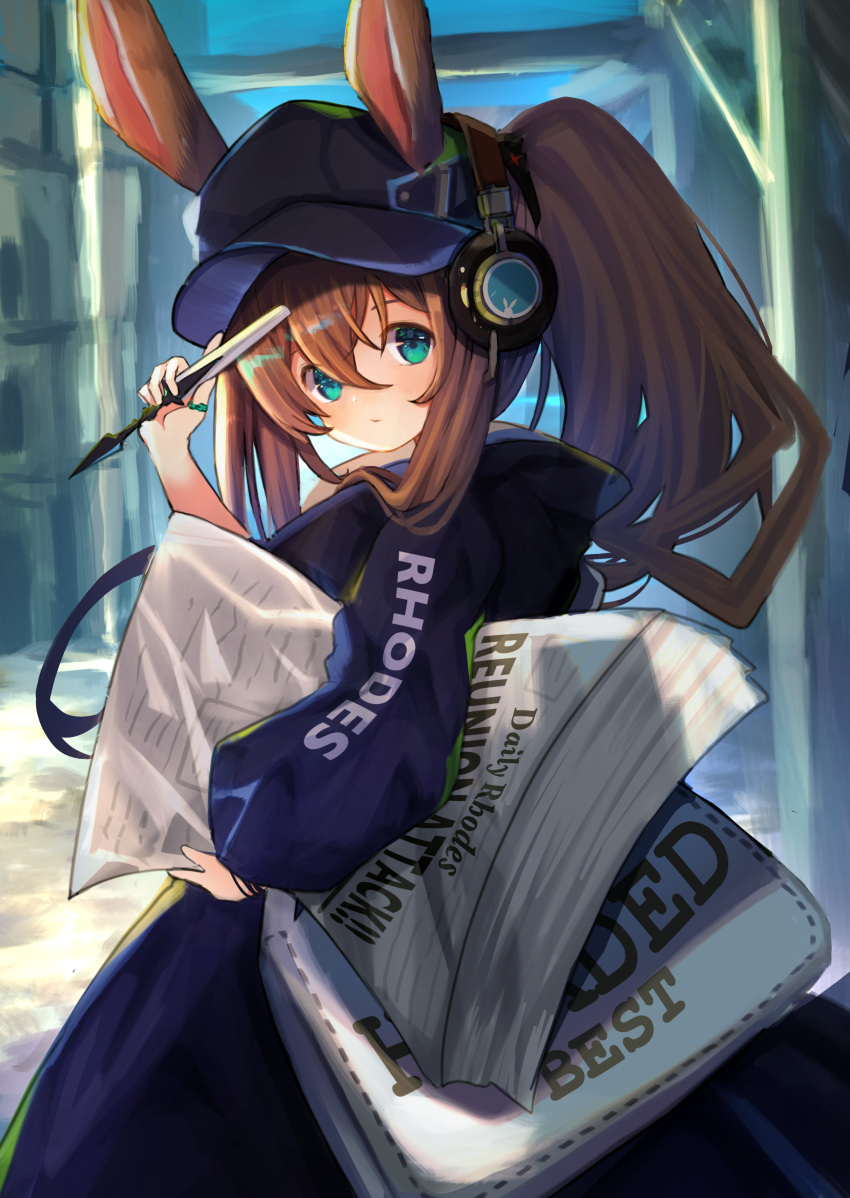 absurdres amiya_(arknights) amiya_(newsgirl)_(arknights) animal_ears aqua_eyes arknights bag blush brown_hair commentary_request day ears_through_headwear female hair_between_eyes hat headphones highres holding holding_pen jacket long_hair long_sleeves looking_at_viewer marekamico newspaper official_alternate_costume outdoors peaked_cap pen ponytail rabbit_ears sidelocks solo thumb_ring