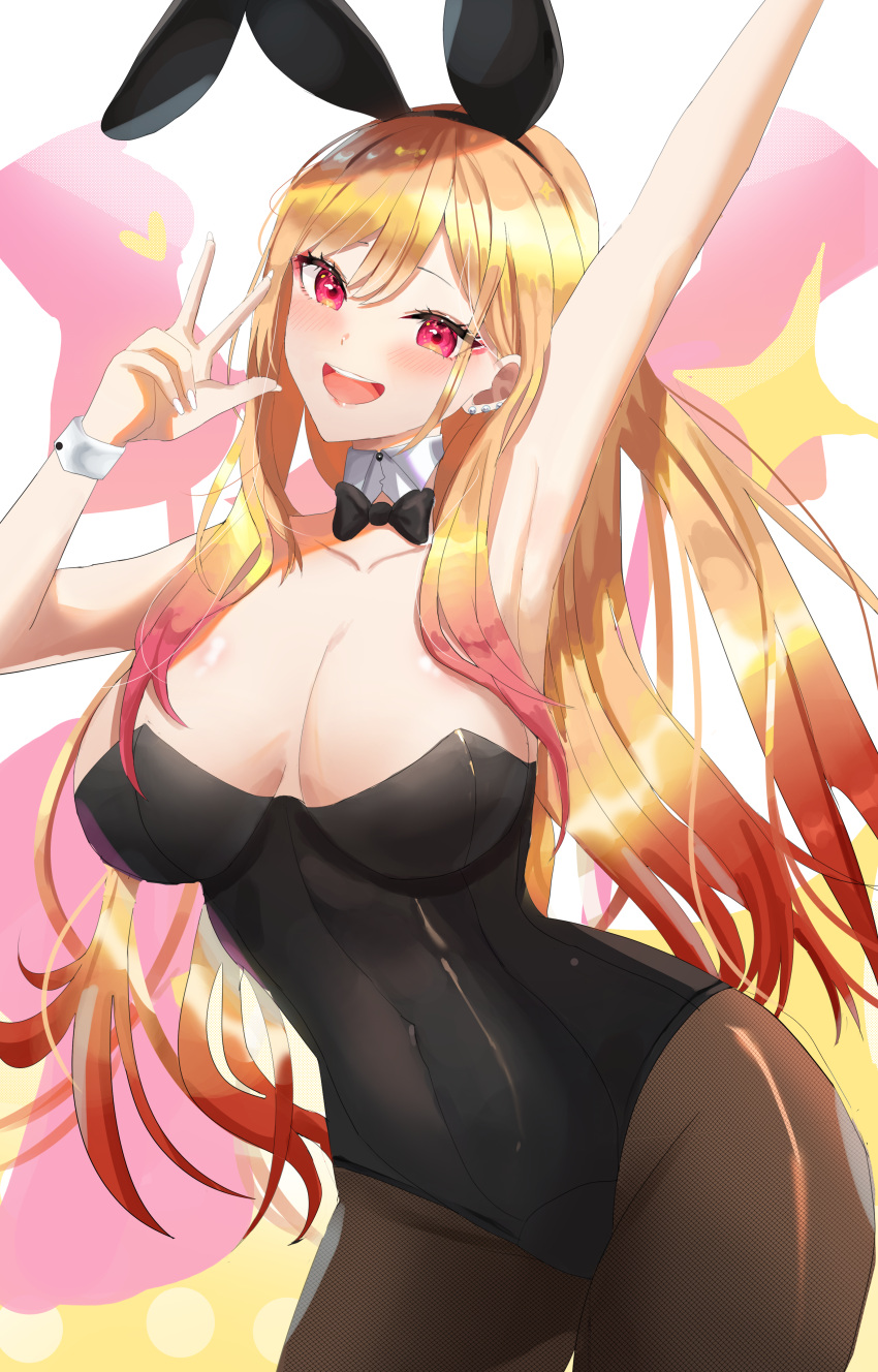 absurdres animal_ears arm_up armpits black_bow black_bowtie black_leotard black_pantyhose blonde_hair bow bowtie breasts breasts_apart cleavage colored_tips covered_navel detached_collar earrings eyebrows_hidden_by_hair fake_animal_ears female gradient_hair hair_between_eyes highres jewelry kitagawa_marin leotard long_hair looking_at_viewer multicolored_hair multiple_earrings pantyhose playboy_bunny rabbit_ears red_eyes red_hair shiny_skin solo sono_bisque_doll_wa_koi_wo_suru strapless strapless_leotard stud_earrings two-tone_hair w wellski wrist_cuffs