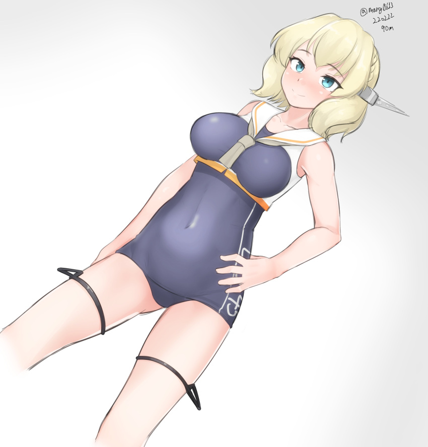 absurdres black_one-piece_swimsuit blonde_hair blue_eyes braid breast_cutout breasts colorado_(kancolle) cosplay covered_navel cowboy_shot crop_top dated dutch_angle female framed_breasts gradient_background hand_on_own_hip headgear highres i-13_(kancolle) i-13_(kancolle)_(cosplay) kantai_collection large_breasts maru_(marg0613) necktie one-hour_drawing_challenge one-piece_swimsuit sailor_collar school_swimsuit short_hair side_braids solo swimsuit swimsuit_under_clothes twitter_username white_background white_necktie white_sailor_collar