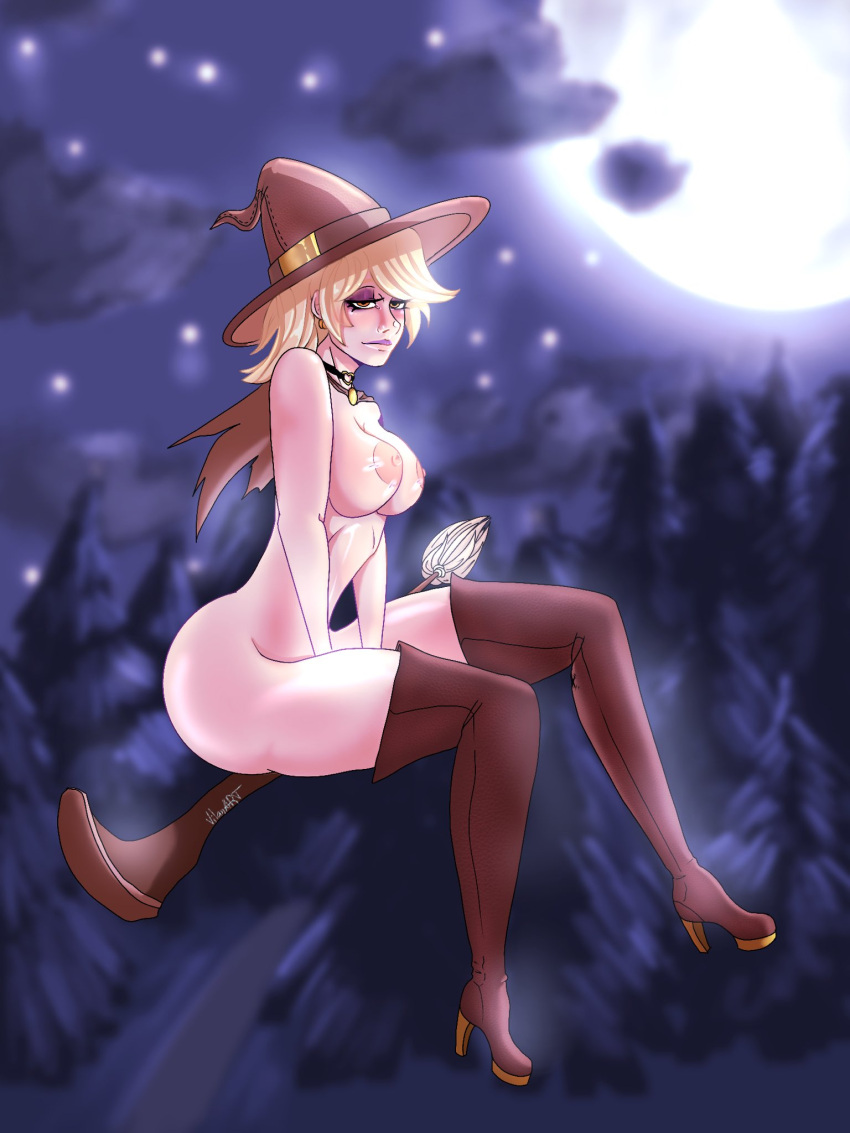 blonde_hair blush breasts brown_eyes female hat highres large_breasts long_hair looking_at_viewer medium_breasts mercy_(overwatch) nipples overwatch overwatch_1 overwatch_2 self-upload short_hair simple_background smile solo vilanart witch_mercy