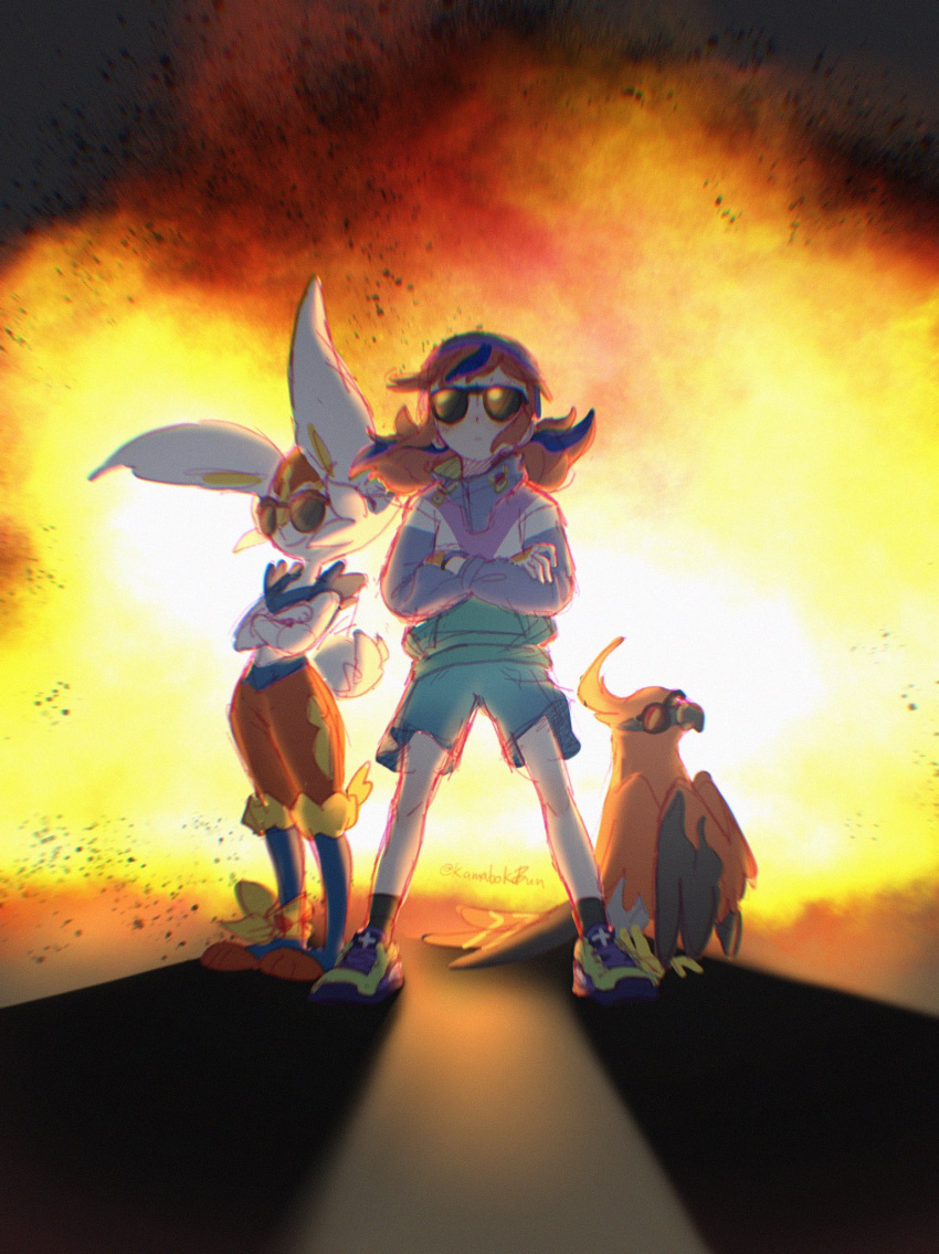 2021 ambiguous_gender artist_name beak biped black_beak cheek_tuft cinderace clothed clothing cool_guys_don't_look_at_explosions detailed_background explosion eyewear eyewear_only facial_tuft feathers female feral fingers fur generation_6_pokemon generation_8_pokemon group hair hi_res human kamabokobun long_ears mammal nintendo nude pokemon pokemon_(species) pokemon_unite red_body red_feathers red_fur shadow sunglasses sunglasses_only tail tail_tuft talonflame tuft white_body white_ears white_fur