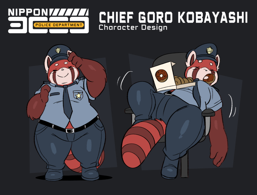 2021 ailurid anthro badge belt blush character_name clothed clothing dessert digital_media_(artwork) doughnut eating emanata english_text food fully_clothed fur goro_kobayashi hi_res joaoppereiraus male mammal markings model_sheet necktie nippon_3000_police_department overweight overweight_anthro overweight_male pastry police police_hat police_officer police_officer_eating_donut police_uniform red_body red_fur red_panda sitting small_eyes smile solo standing striped_markings striped_tail stripes tail tail_markings text uniform