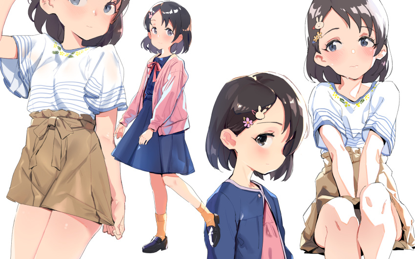 black_hair blue_dress blue_jacket blush brown_skirt closed_mouth commentary_request djheycha dress grey_eyes hair_ornament hairclip highres idolmaster idolmaster_cinderella_girls jacket looking_at_viewer multiple_views pink_dress pink_jacket reference_sheet sasaki_chie shirt short_hair skirt smile standing white_background white_shirt