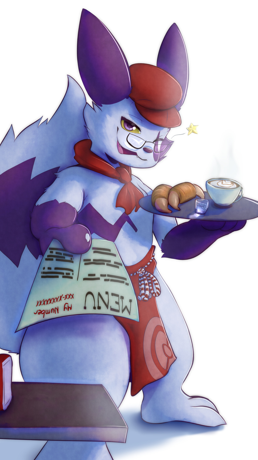 9:16 apron barista biped cafe clothing digital_media_(artwork) eyewear fan_character fur generation_3_pokemon glasses hat headgear headwear hi_res looking_at_viewer male mendobear menu necktie nintendo one_eye_closed plantigrade pokemon pokemon_(species) pokemon_cafe_remix purple_eyes red_apron red_clothing red_hat red_headwear red_necktie shaded simple_background solo tail white_background white_body white_fur wink yellow_sclera zangoose zenny_(sf)