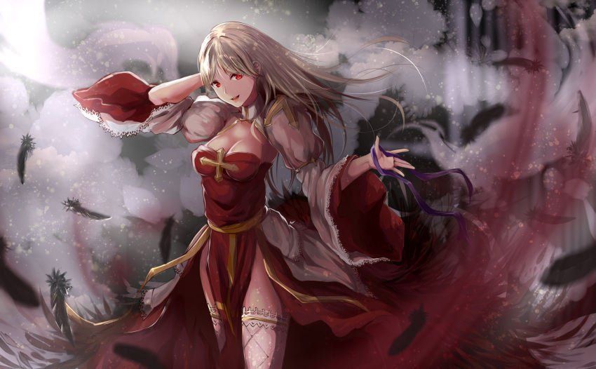 :d arch_bishop_(ragnarok_online) arm_behind_head arm_up aura bio_lab blonde_hair breasts cleavage dress feathers female floating_hair grey_dress grey_feathers high_collar highres juliet_sleeves lace-trimmed_sleeves lace_trim long_hair long_sleeves looking_at_viewer margaretha_sorin medium_breasts parted_bangs pelvic_curtain puffy_sleeves ragnarok_online red_dress red_eyes red_pupils sail_(sail-away) side_slit smile solo standing teeth thighhighs two-tone_dress upper_teeth_only white_thighhighs