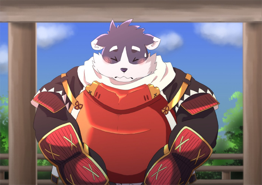 2021 anthro armor biped black_nose blush bodily_fluids canid canine canis closed_eyes detailed_background domestic_dog harima kemono male mammal outside overweight overweight_male patoro1 solo sweat tamacolle