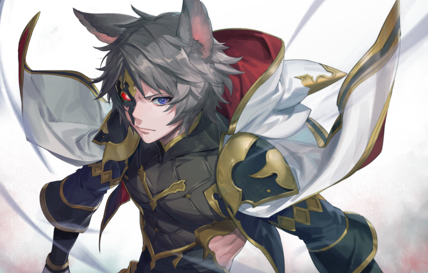 1boy animal_ears blue_eyes cape commentary_request erune gloves granblue_fantasy grey_hair highres hood male_focus mask mole mole_under_eye seox_(granblue_fantasy) simple_background solo tekki_(tki) white_cape