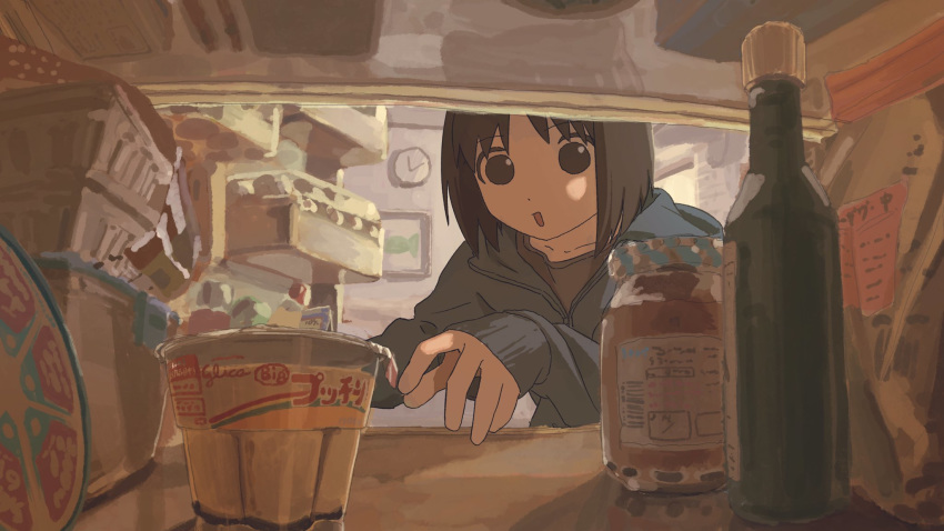 animal_ears blue_hoodie bottle brown_eyes brown_hair clock female food highres hood hood_down hoodie jar long_sleeves nerio_(neri_akira) no_pupils open_mouth opening original pudding reaching reaching_towards_viewer refrigerator refrigerator_interior short_hair sleeves_past_wrists solo wall_clock