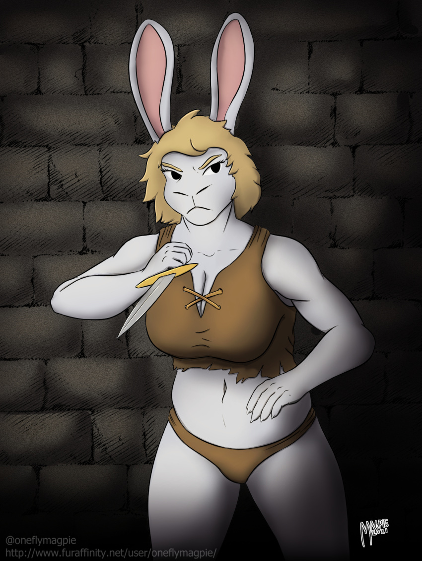 anthro belly big_breasts blonde_hair breasts clothing dagger dungeon ears_up fantasy female hair hi_res kaia_(sojourn) knife lagomorph leporid long_ears mammal melee_weapon navel oneflymagpie rabbit solo underwear weapon