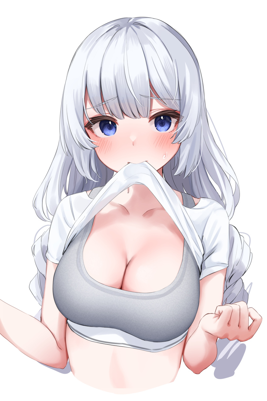 absurdres azumake_(azumakei) bangs blue_eyes blunt_bangs blush breasts cleavage clothes_in_mouth clothes_lift collarbone drill_hair female grey_hair grey_sports_bra hands_up highres lifted_by_self long_hair looking_at_viewer low_twintails mouth_hold original shirt shirt_in_mouth shirt_lift short_sleeves simple_background solo sports_bra twin_drills twintails upper_body white_background white_shirt