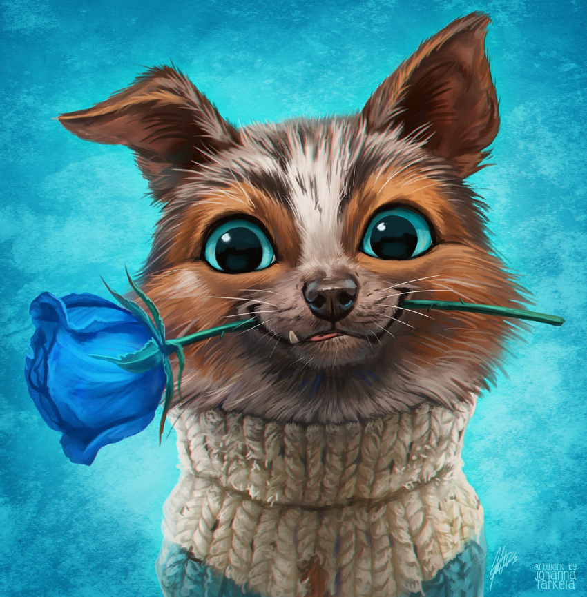 2023 blue_eyes blue_rose canid canine canis clothed clothing domestic_dog dreamworks fangs feral flower flower_in_mouth footwear gradient_background hi_res johis looking_at_viewer male mammal perrito_(puss_in_boots) plant puss_in_boots_(dreamworks) rose_(flower) simple_background smile socks solo teeth tongue toy_dog