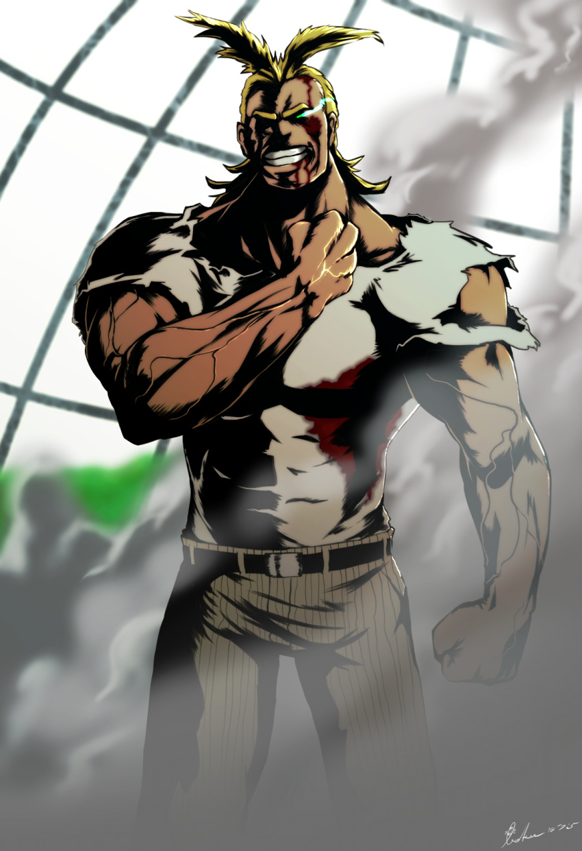 1boy all_might antenna_hair blonde_hair blood blood_on_clothes blue_eyes boku_(bo_ku) boku_no_hero_academia covered_eyes grin hair_slicked_back highres large_pectorals looking_at_viewer male_focus medium_hair muscular muscular_male pants pectorals shirt smile solo striped_clothes striped_pants superhero_costume torn_clothes torn_shirt veins white_shirt