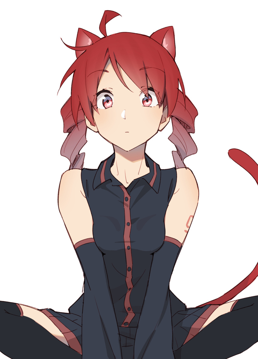 ahoge animal_ears bad_id bad_pixiv_id bare_shoulders between_legs black_shirt black_skirt black_sleeves black_thighhighs breasts cat_day cat_ears cat_tail commentary detached_sleeves drill_hair expressionless female hand_between_legs highres kasane_teto looking_at_viewer medium_hair red_eyes red_hair shirt shoulder_tattoo simple_background sitting skirt sleeveless sleeveless_shirt small_breasts solo tail tattoo thighhighs twin_drills utau white_background yasutange