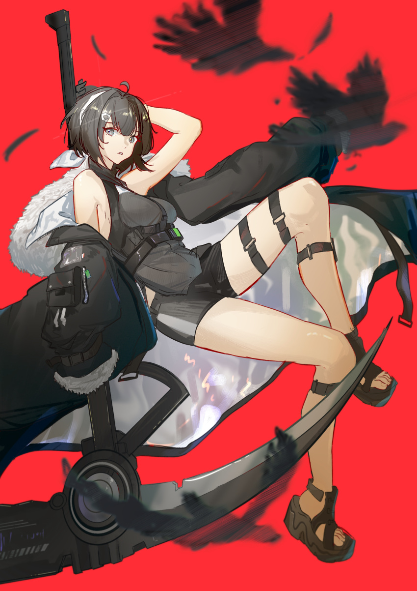 absurdres ahoge arknights arm_up bare_shoulders black_footwear black_hair black_jacket black_shorts commentary female full_body grey_eyes grey_shirt highres jacket la_pluma_(arknights) long_sleeves looking_at_viewer naoel_(naoel_art) off_shoulder parted_lips red_background sandals scythe shirt short_hair short_shorts shorts simple_background sleeveless sleeveless_shirt solo thigh_strap thighs weapon