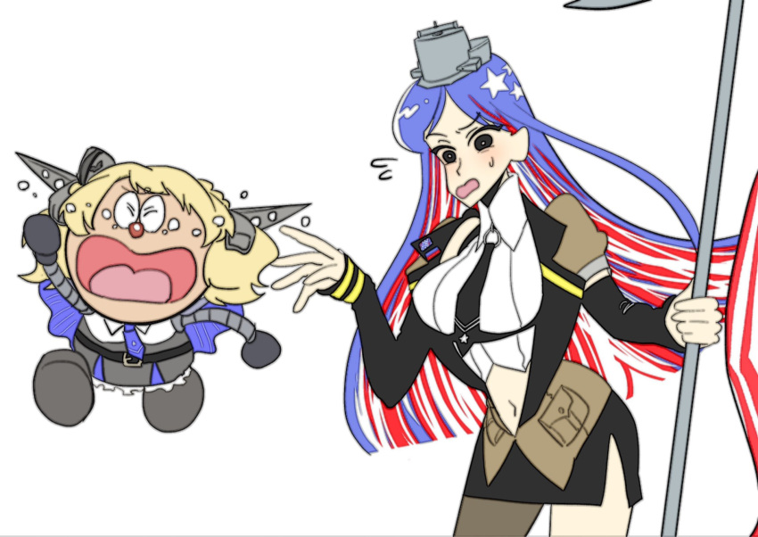 2girls american_flag anno88888 black_eyes black_necktie black_skirt blonde_hair blue_hair breasts capelet colorado_(kancolle) commentary copyright_request crayon_shin-chan crying flag flying_sweatdrops headgear highres holding kantai_collection kiteretsu_daihyakka korosuke long_hair long_sleeves midriff multicolored_hair multiple_girls navel necktie open_mouth parody red_hair short_hair side_slit simple_background skirt south_dakota_(kancolle) star_(symbol) style_parody sweatdrop symbol-only_commentary tears white_background white_hair