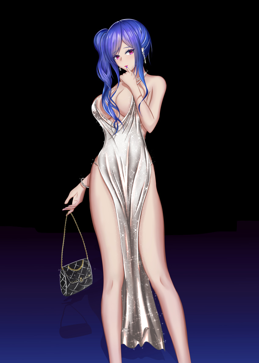 absurdres azur_lane backless_dress backless_outfit bag bare_shoulders blue_hair blue_nails breasts cleavage commentary dress earrings eeyoosekedooaat evening_gown female halter_dress halterneck handbag highres holding holding_bag jewelry large_breasts long_dress necklace official_alternate_costume plunging_neckline red_eyes revealing_clothes side_ponytail side_slit sidelocks silver_dress sleeveless sleeveless_dress solo st._louis_(azur_lane) st._louis_(luxurious_wheels)_(azur_lane) thighs