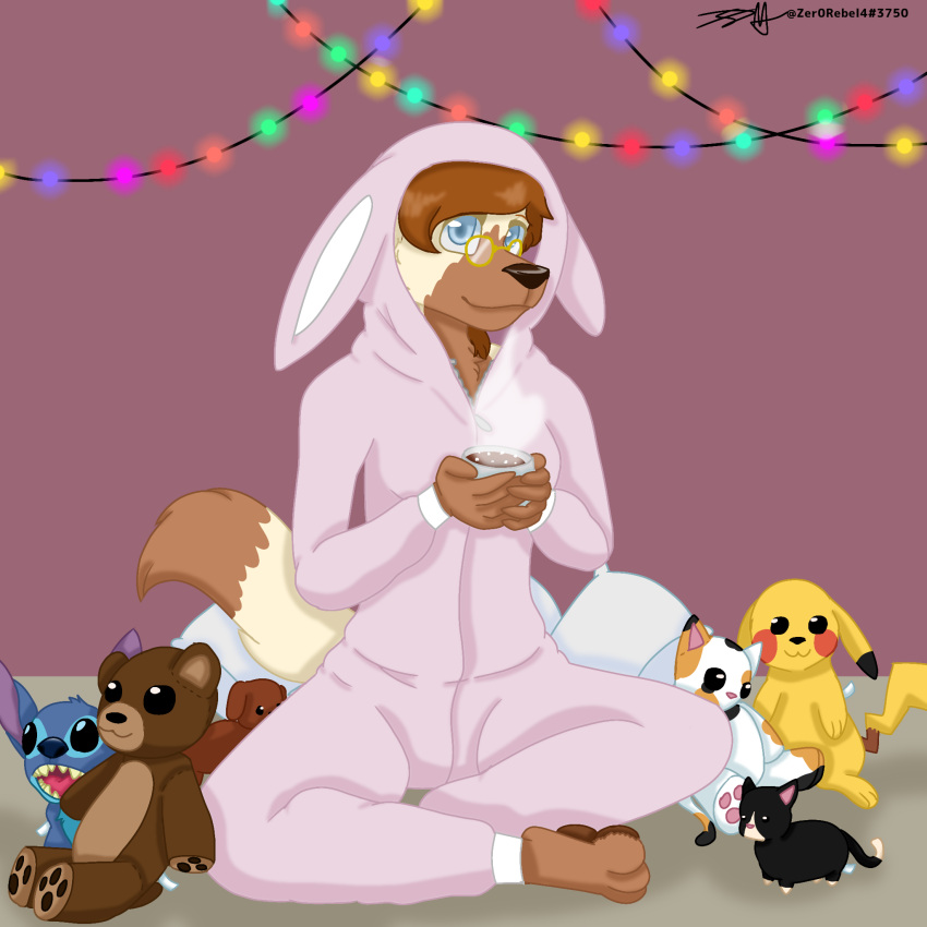 1:1 alien anthro bear beverage blue_eyes brown_body brown_fur brown_hair brown_markings calico_cat candy canid canine canis chocolate clothed clothing container cozy crossed_legs cup dachshund dessert digital_media_(artwork) dipstick_tail disney domestic_cat domestic_dog experiment_(lilo_and_stitch) eyewear fake_ears fake_rabbit_ears felid feline felis female food fur generation_1_pokemon german_shepherd glasses hair herding_dog hi_res holding_object hoodie hot_chocolate hunting_dog hybrid inside lights lilo_and_stitch looking_at_viewer mammal markings marshmallow monster mottled multicolored_tail nintendo onesie pastoral_dog pawpads paws piebald pikachu pillow plushie pokemon pokemon_(species) raised_clothing raised_hoodie raised_tail raised_topwear rita_(zer0rebel4) sitting smile solo steam stitch_(lilo_and_stitch) string_lights tail tail_markings topwear tuxedo_cat white_body white_fur wolf zer0rebel4 zipper