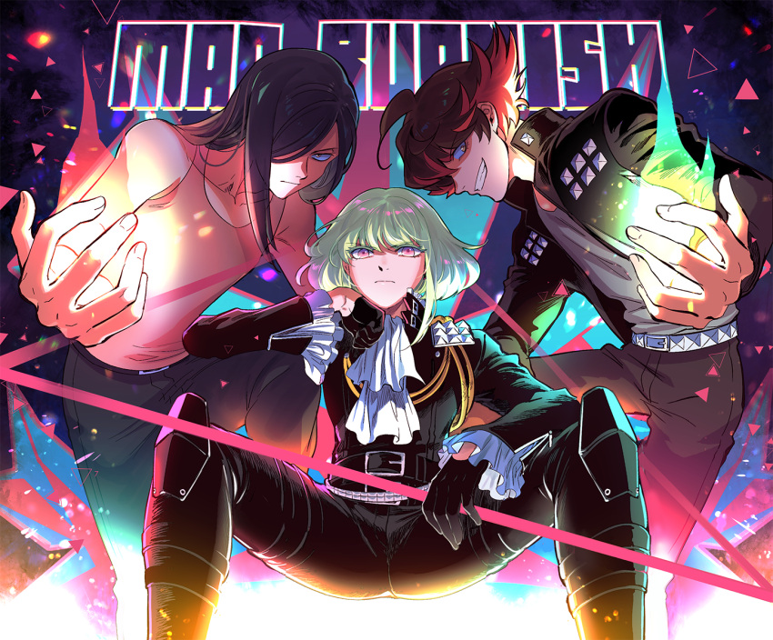 3boys ascot bae_(baebae) biker_clothes blue_fire blue_hair fire green_hair gueira highres jacket leather leather_jacket lio_fotia long_hair mad_burnish male_focus meis_(promare) multicolored_hair multiple_boys promare purple_fire pyrokinesis red_hair redrawn sitting spread_legs two-tone_hair