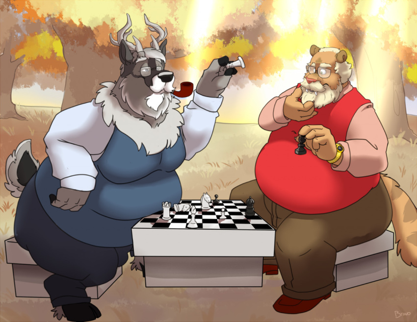 2020 anthro bear belly bottomwear bravo chess clothing deer detailed_background duo eyewear facial_hair felid feline glasses male mammal mature_male moustache obese obese_male outside overweight overweight_male pants plant smoking sweater topwear tree