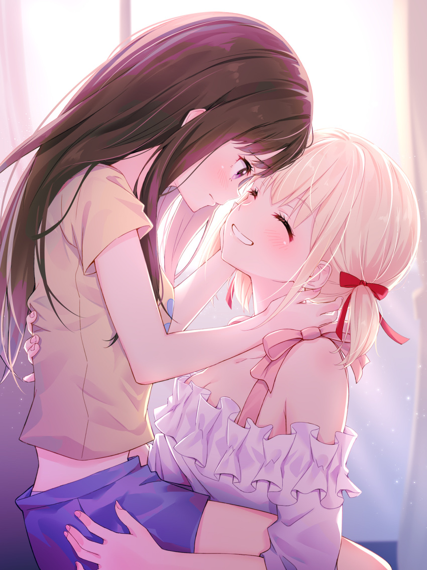 2girls black_hair blonde_hair breasts cleavage closed_eyes curtains grin hair_ribbon highres indoors inoue_takina large_breasts lifting_person light_blush long_hair looking_at_another lycoris_recoil medium_hair multiple_girls nishikigi_chisato purple_eyes red_ribbon ribbon shirt shorts smile sunlight t-shirt toki_(toki_ship8) twintails window yuri