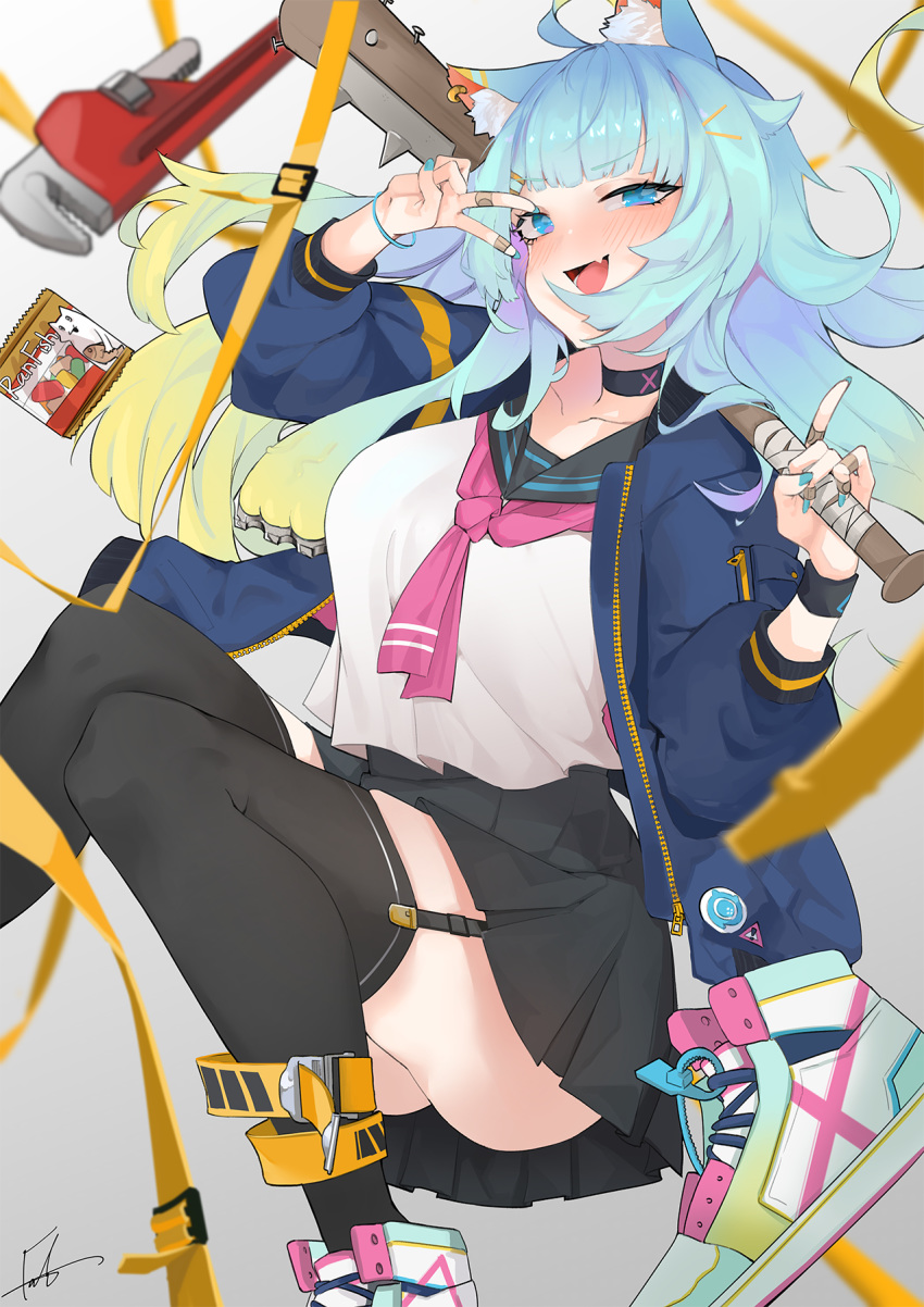 :d adjustable_wrench ahoge animal_ear_fluff animal_ears ass bad_id bad_pixiv_id bandaid bandaid_on_hand baseball_bat black_skirt black_thighhighs blonde_hair blue_eyes blue_hair blue_jacket blue_nails blunt_bangs blush candy cat_ears choker earrings fataaa feet_out_of_frame female fingernails food garter_straps gradient_hair hair_ornament hairclip highres holding holding_baseball_bat jacket jewelry knees_together_feet_apart lanmewko long_fingernails long_hair looking_at_viewer miniskirt multicolored_hair nail nail_bat nail_polish neckerchief oerba_yun_fang open_clothes open_jacket open_mouth original over_shoulder pleated_skirt school_uniform serafuku shirt_overhang shoes skin_fang skirt smile sneakers solo thighhighs unworn_shoes v_over_eye weapon weapon_over_shoulder wrench wristband zipper