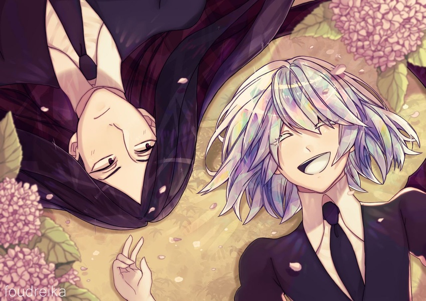 2others bort closed_eyes diamond_(houseki_no_kuni) houseki_no_kuni lying multiple_others open_mouth smile