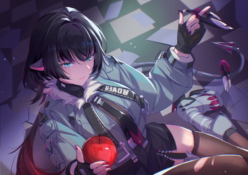 animal_ears apple black_garter_straps black_gloves black_hair black_necktie black_pantyhose black_shirt breasts celtreny checkered_floor closed_mouth commentary crop_top female fingerless_gloves food from_above fruit fur-trimmed_jacket fur_trim garter_straps gloves green_eyes green_jacket highres holding holding_food holding_fruit holding_knife jacket jane_doe_(zenless_zone_zero) knife large_breasts looking_at_viewer midriff mouse_ears mouse_girl mouse_tail multicolored_hair nail_polish necktie pantyhose pink_nails planted planted_knife red_hair red_necktie shirt sidelocks single_garter_strap single_leg_pantyhose single_thighhigh smile solo tail thighhighs thighs torn_clothes torn_pantyhose twitter_username two-tone_hair two-tone_necktie white_footwear zenless_zone_zero