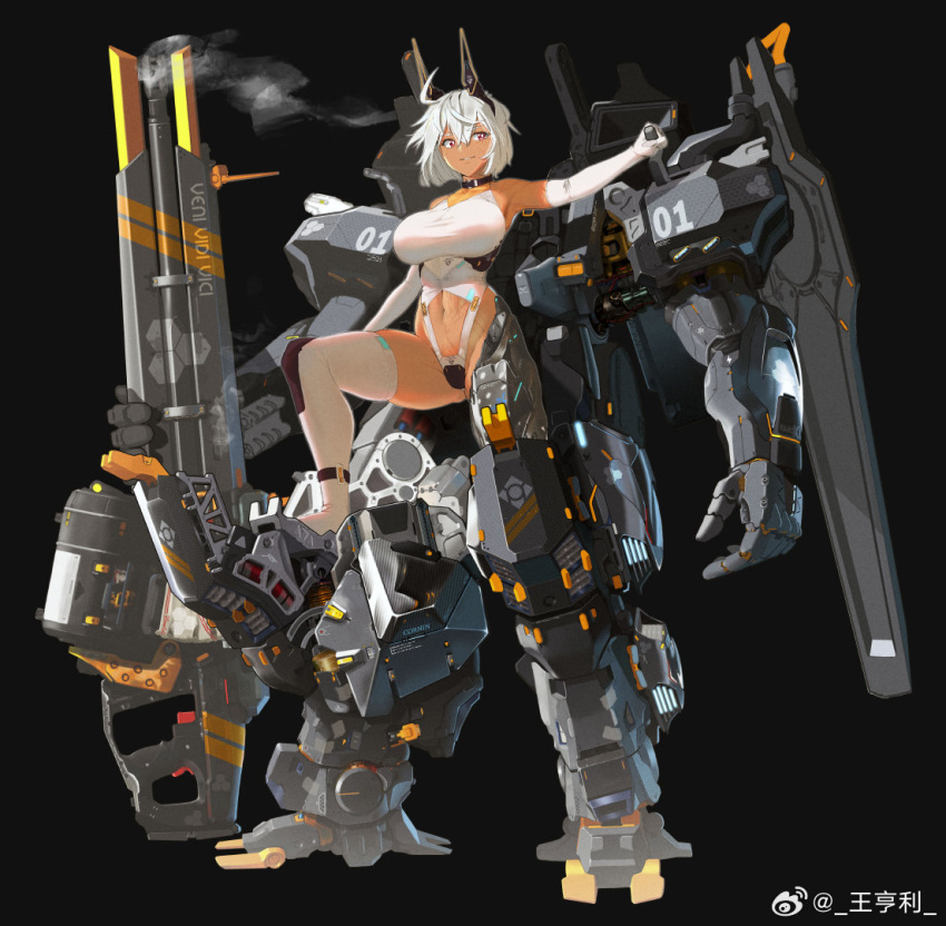 ahoge armpits artery_gear artery_gear:_fusion bare_shoulders black_background black_choker breasts bright_pupils chinese_commentary choker clothing_cutout commentary_request concept_art cornelia_(artery_gear) cyborg elbow_gloves exoskeleton female full_body gloves grin gun hair_between_eyes hitomoji_momotarou impossible_clothes italian_text large_breasts leotard mechanical_legs medium_hair navel navel_cutout outstretched_arm red_eyes scar scar_on_stomach simple_background single_mechanical_leg single_thighhigh smile smoke smoking_barrel solo thighhighs weapon weibo_logo weibo_watermark white_hair white_leotard white_pupils white_thighhighs