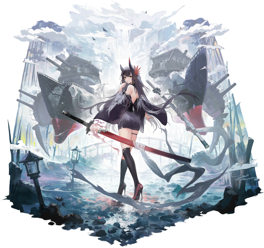 artist_request azur_lane black_hair brown_eyes closed_mouth female full_body hand_up hiei_(azur_lane) hiei_(meta)_(azur_lane) high_heels highres horns japanese_clothes katana long_hair looking_at_viewer looking_back machinery official_art sheath sheathed solo standing sword thigh_strap thighhighs thighs torn_clothes torn_thighhighs turret weapon wide_sleeves