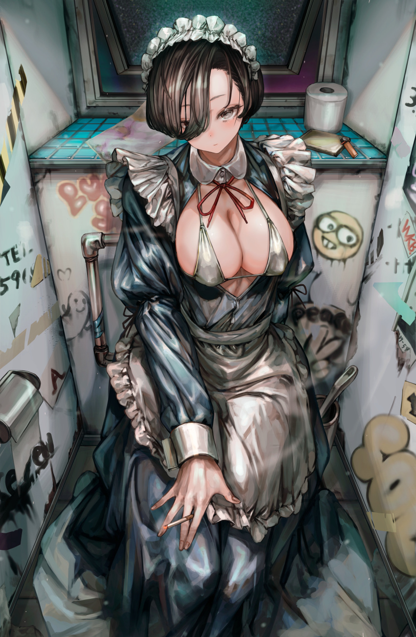 absurdres apron bikini black_dress black_hair bow breasts breasts_out cigarette cleavage collar covered_nipples dress exhibitionism female frilled_apron frills graffiti grey_eyes hair_over_one_eye highres holding holding_cigarette large_breasts light_smile lighter long_bangs looking_at_viewer maid maid_apron maid_headdress micro_bikini open_clothes open_dress open_window original public_indecency puffy_sleeves short_hair sleeve_bow soleil_(soleilmtfbwy03) solo swimsuit thick_eyelashes toilet_brush toilet_paper toilet_stall white_collar window