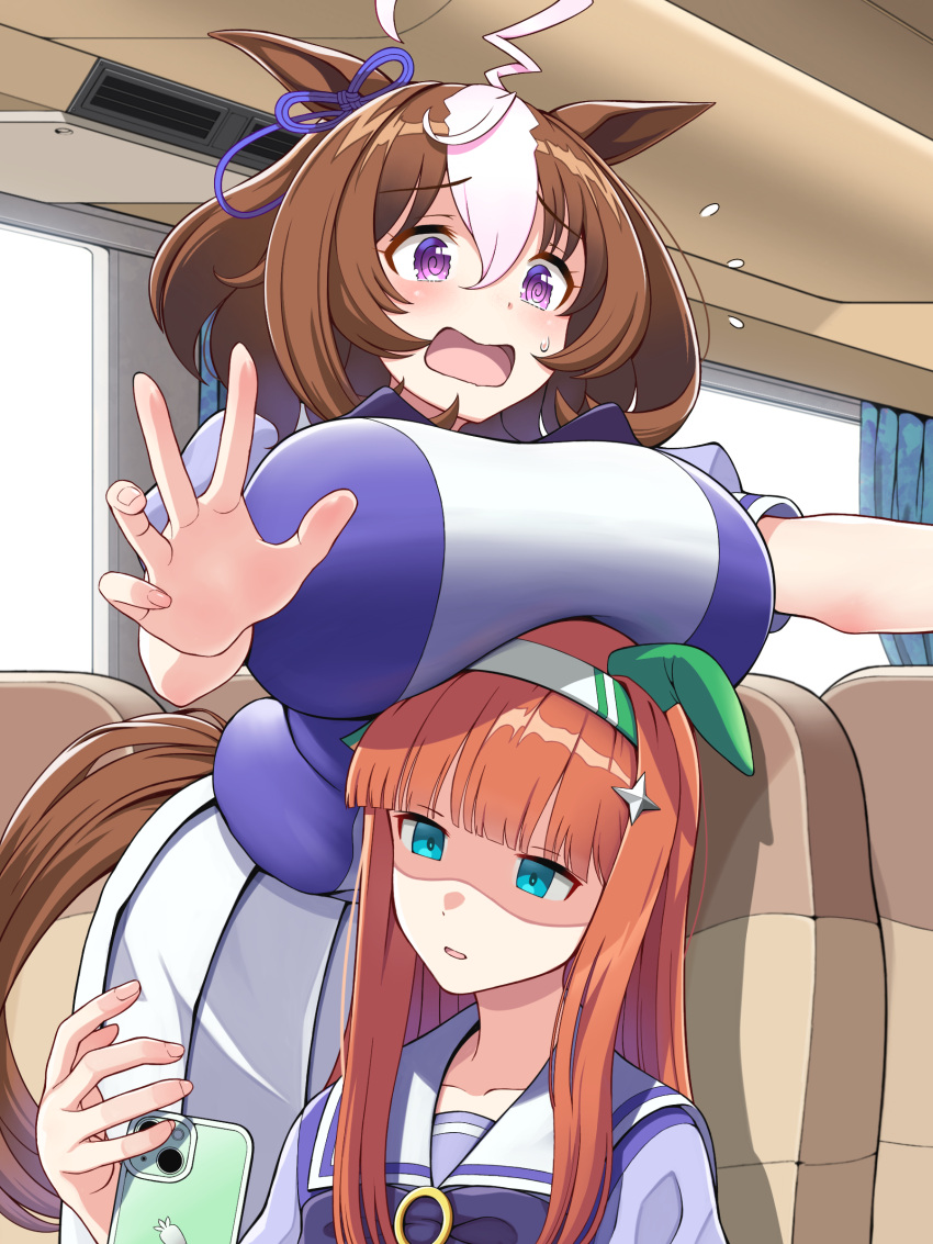 2girls @_@ absurdres ahoge airplane_interior animal_ears blue_eyes blush brand_name_imitation breast_rest breasts breasts_on_head brown_hair cellphone dropping ear_covers empty_eyes flying_sweatdrops hair_ornament hairband highres horse_ears horse_girl large_breasts long_hair medium_hair meisho_doto_(umamusume) multiple_girls open_mouth orange_hair parted_lips partially_shaded_face phone pleated_skirt puffy_short_sleeves puffy_sleeves purple_eyes sailor_collar school_uniform short_sleeves silence_suzuka_(umamusume) skirt smartphone summer_uniform sweatdrop tracen_school_uniform tussy umamusume white_hair white_sailor_collar white_skirt