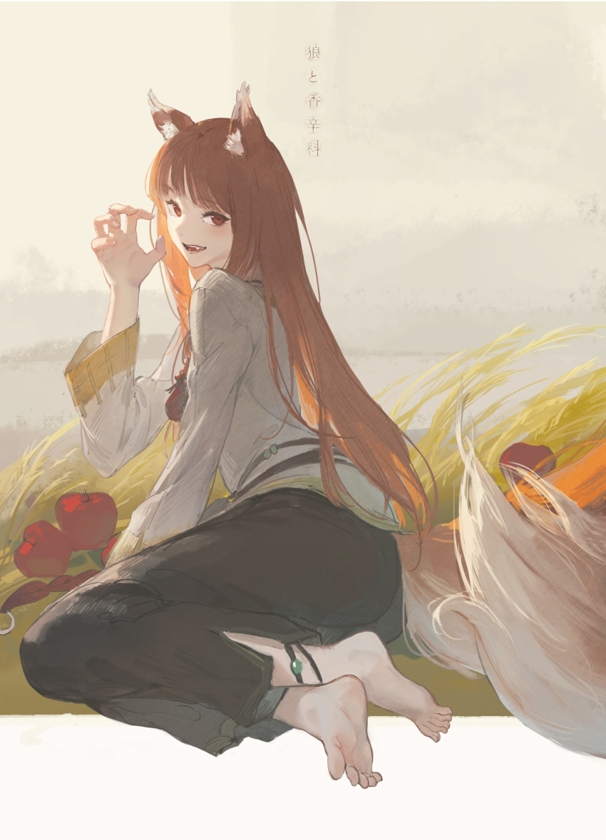 absurdres animal_ear_fluff animal_ears apple barefoot belt black_pants blush brown_belt brown_eyes brown_hair brown_tail commentary copyright_name crossed_ankles eyelashes feet female food fruit full_body grey_background grey_shirt hand_up highres holo kebory long_hair long_sleeves looking_at_viewer on_ground open_mouth outdoors pants paw_pose shirt sitting soles solo spice_and_wolf tail teeth toenails toes very_long_hair wheat_field wolf_ears wolf_girl wolf_tail yokozuwari