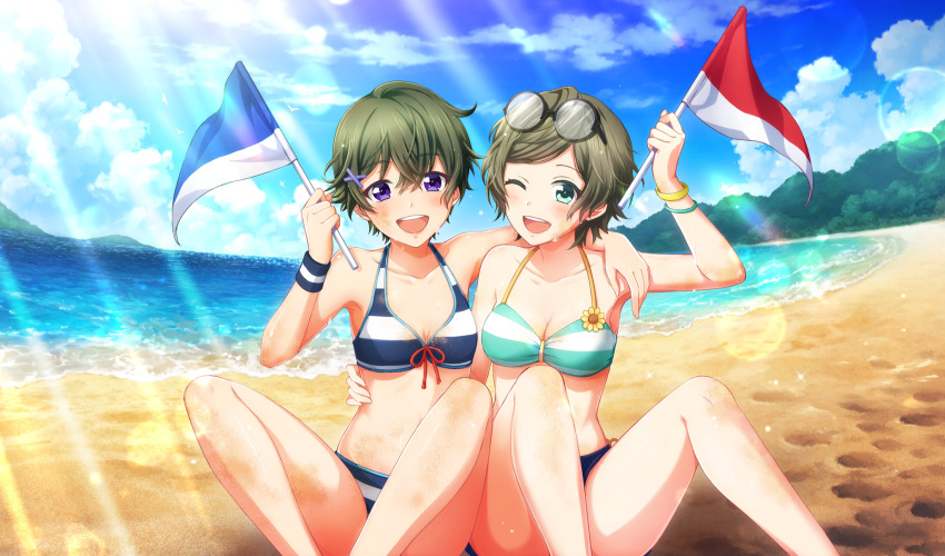 2girls :d ;d beach bikini bird black-framed_eyewear breasts cinderella_series cleavage cloud collarbone crossed_bangs eyewear_on_head feet_out_of_frame flag game_cg green_eyes green_hair hachigatsu_no_cinderella_nine hair_ornament hairclip halterneck hand_on_another's_hip hand_on_another's_shoulder highres holding holding_flag knees_up lens_flare light_particles light_rays looking_at_viewer multiple_girls nakano_ayaka non-web_source ocean official_art one_eye_closed open_mouth outdoors purple_eyes seagull short_hair sitting sky smile sparkle string_bikini striped_bikini striped_clothes sunbeam sunlight sweat swimsuit taketomi_aya teeth upper_teeth_only wristband