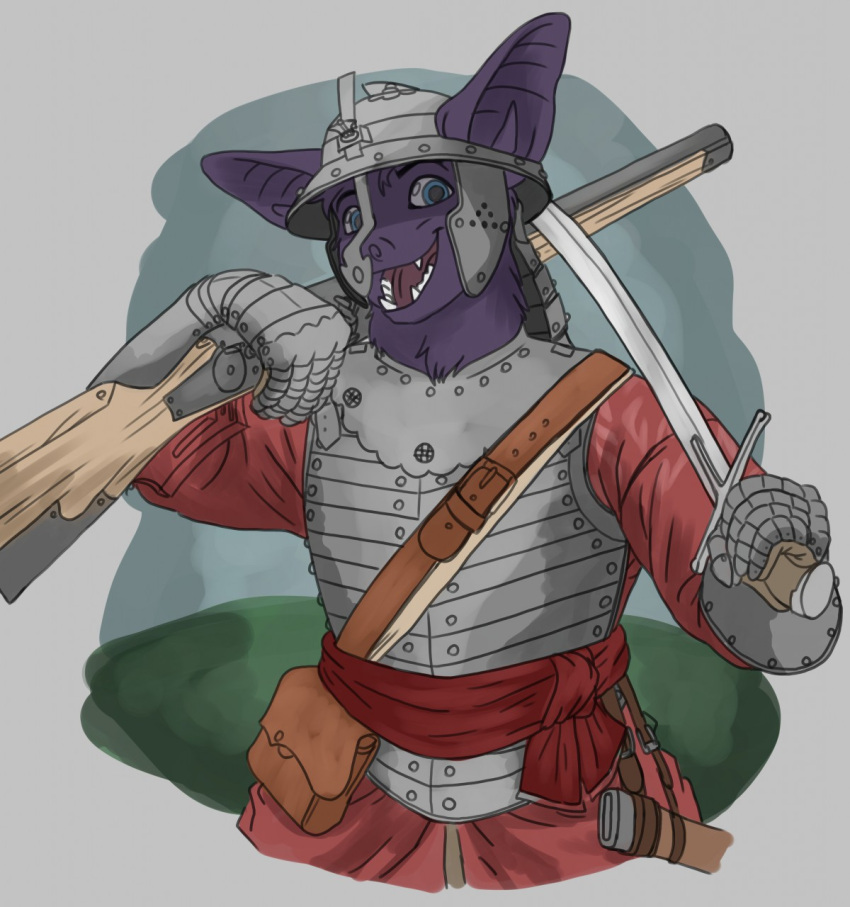 2020 anthro armor bat bat_ears blue_eyes breastplate clothed clothing digital_media_(artwork) fur gauntlets gloves gun half-length_portrait handwear headgear helmet hi_res holding_gun holding_melee_weapon holding_object holding_ranged_weapon holding_sword holding_weapon looking_at_viewer looking_pleasured male mammal medieval medieval_armor melee_weapon musket open_mouth pelzibat portrait purple_body purple_fur ranged_weapon scimitar simple_background smile solo sword teeth weapon wingless_bat