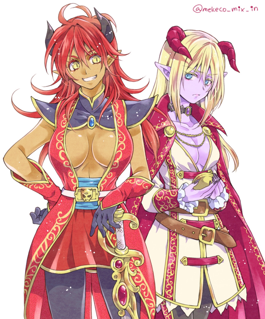 2girls alternate_costume azbar_(dragon_quest) black_choker black_gloves black_leggings black_nails blonde_hair blue_eyes breasts cape choker cleavage colored_eyelashes colored_skin commentary_request cowboy_shot dark-skinned_female dark_skin demon_girl dragon_quest dragon_quest_x frilled_sleeves frills frown genderswap_(mtf) gloves grin hand_on_own_hip highres holding horns large_breasts leggings long_hair looking_at_another looking_to_the_side medium_breasts mekeko messy_hair multiple_girls pointy_ears purple_skin red_cape red_hair red_horns red_skirt rule_63 skirt skull_belt slit_pupils smile sword weapon white_background yellow_eyes yushuka_(dragon_quest)