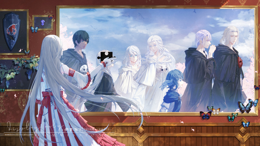 4boys 5girls 760870147 absurdres azem_(ff14) back_bow black_capelet black_robe blue_hair blue_sky bow bug butterfly capelet cloud detached_sleeves emet-selch final_fantasy final_fantasy_xiv gloves head_wings hermes_(ff14) highres hood hood_down hooded_capelet hythlodaeus indoors leaf long_hair mask mask_around_neck medium_hair meteion multiple_boys multiple_girls painting_(object) puzzle robe shield short_hair sky sophist's_robe_(ff14) standing themis_(ff14) unworn_mask venat_(ff14) wainscoting warrior_of_light_(ff14) white_capelet white_gloves white_hair white_mage_(final_fantasy) white_robe wings