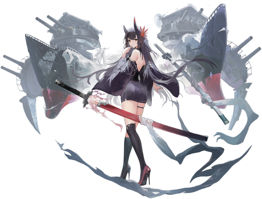 artist_request azur_lane black_hair brown_eyes closed_mouth female full_body hand_up hiei_(azur_lane) hiei_(meta)_(azur_lane) high_heels highres horns japanese_clothes katana long_hair looking_at_viewer looking_back machinery official_art sheath sheathed solo standing sword thigh_strap thighhighs thighs torn_clothes torn_thighhighs turret weapon wide_sleeves