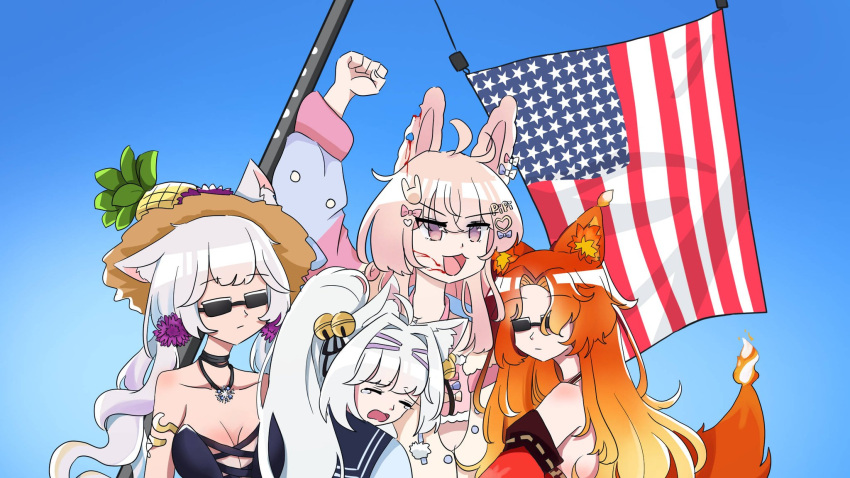 2024_attempted_assassination_of_donald_trump 4girls american_flag animal_ears bare_shoulders bell blood blood_on_face cat_ears cleaver crying fiery_tail filian_(vtuber) fire fist_pump flower fox_steyna glasses hair_bell hair_flower hair_ornament highres indie_virtual_youtuber jewelry kirsche_verstahl multiple_girls necklace open_mouth orange_hair phase_connect pink_hair pipkin_pippa school_uniform smug_alana sunglasses tail triumph_(expression) virtual_youtuber white_hair