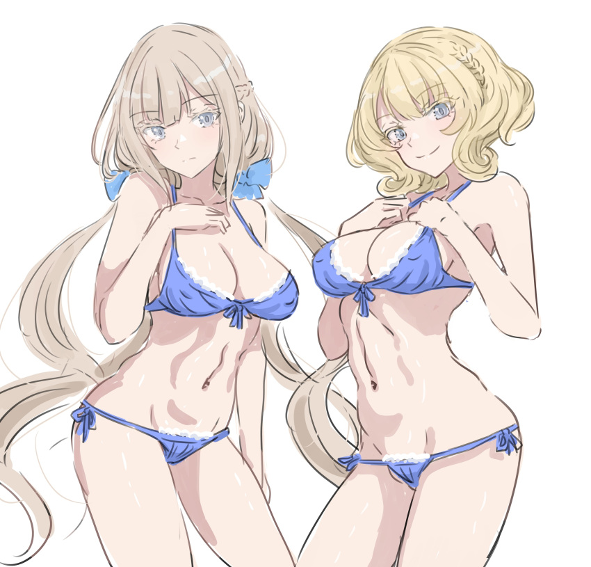 2girls absurdres bikini blonde_hair blue-bowtie blue_bikini blue_eyes bow braid breasts cleavage colorado_(kancolle) cowboy_shot crown_braid grey_hair hairbow half_up_braid highres kantai_collection ken_(shutenndouji1) long_hair low_twintails lowleg lowleg_bikini maryland_(kancolle) medium_breasts multiple_girls short_hair side-tie_bikini_bottom swimsuit twintails