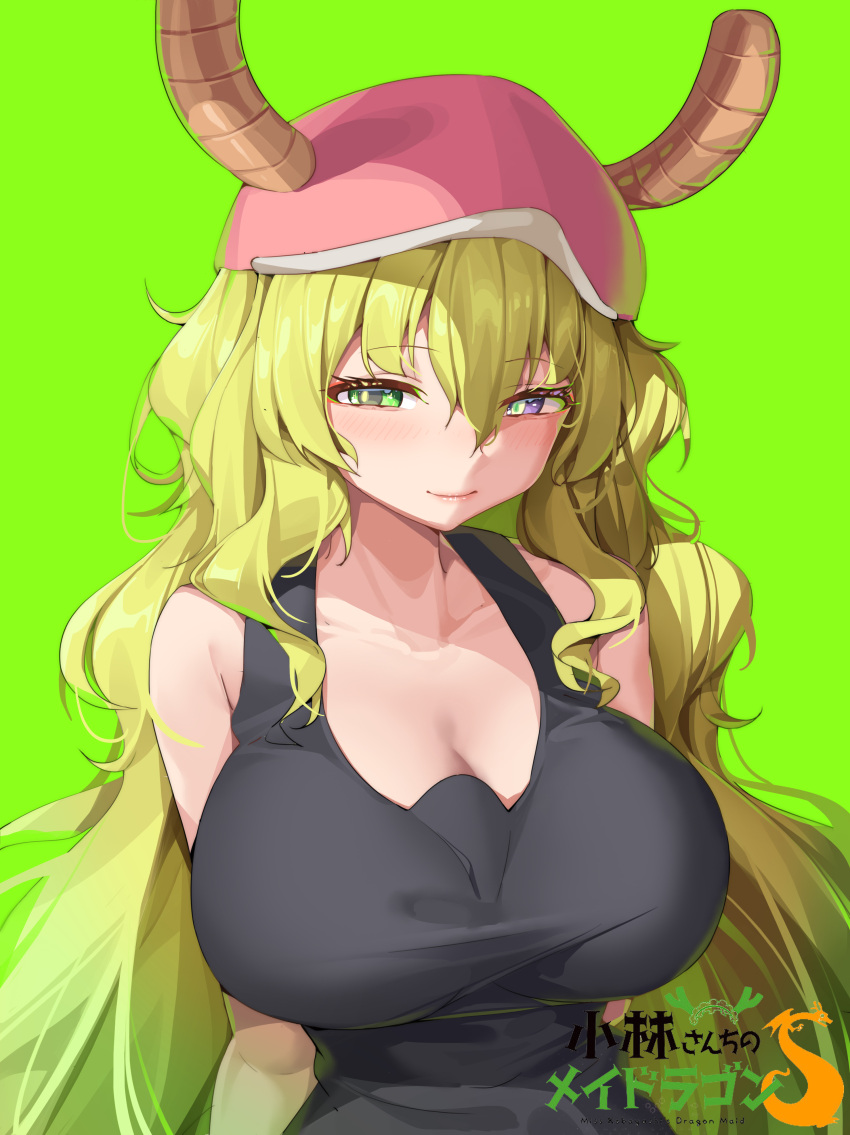 absurdres aiza-ku baseball_cap black_tank_top blonde_hair blue_eyes blush breasts dragon_girl dragon_horns female gradient_hair green_hair hat heterochromia highres horns horns_through_headwear huge_breasts kobayashi-san_chi_no_maidragon long_hair looking_at_viewer lucoa_(maidragon) multicolored_hair pink_hat smile solo tank_top unusually_open_eyes upper_body yellow_pupils