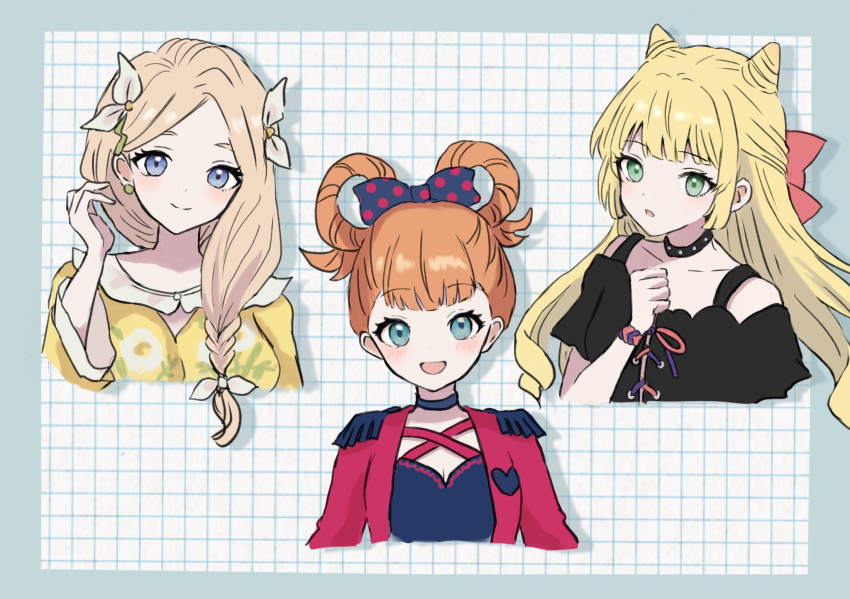 3girls annette_fantine_dominic bare_shoulders black_shirt blonde_hair blue_eyes breasts cleavage commentary_request cone_hair_bun cosplay criss-cross_halter dress fire_emblem fire_emblem:_three_houses fire_emblem_engage goldmary_(fire_emblem) goldmary_(fire_emblem)_(cosplay) green_eyes hair_bun hair_ribbon hair_rings halterneck hand_up highres hortensia_(fire_emblem) hortensia_(fire_emblem)_(cosplay) ingrid_brandl_galatea mercedes_von_martritz multiple_girls off-shoulder_shirt off_shoulder orange_hair ribbon rosado_(fire_emblem) rosado_(fire_emblem)_(cosplay) shirt short_hair short_sleeves white_ribbon yellow_dress yuurururun