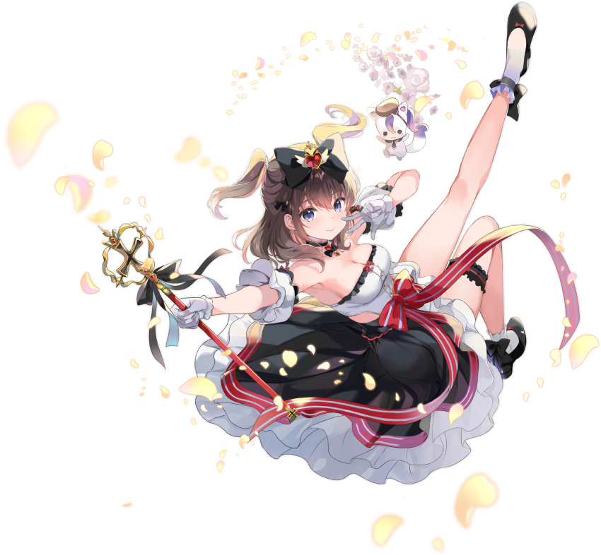 armpits artist_request azur_lane blue_eyes breasts brown_hair choker cleavage closed_mouth dress female frills full_body gloves hair_ornament highres holding looking_at_viewer magical_girl medium_breasts medium_hair official_art petals puffy_sleeves ribbon shoes short_dress socks strapless strapless_dress thigh_strap twintails wand z35_(azur_lane) z35_(himmel:_beyond_love's_boundaries)_(azur_lane)