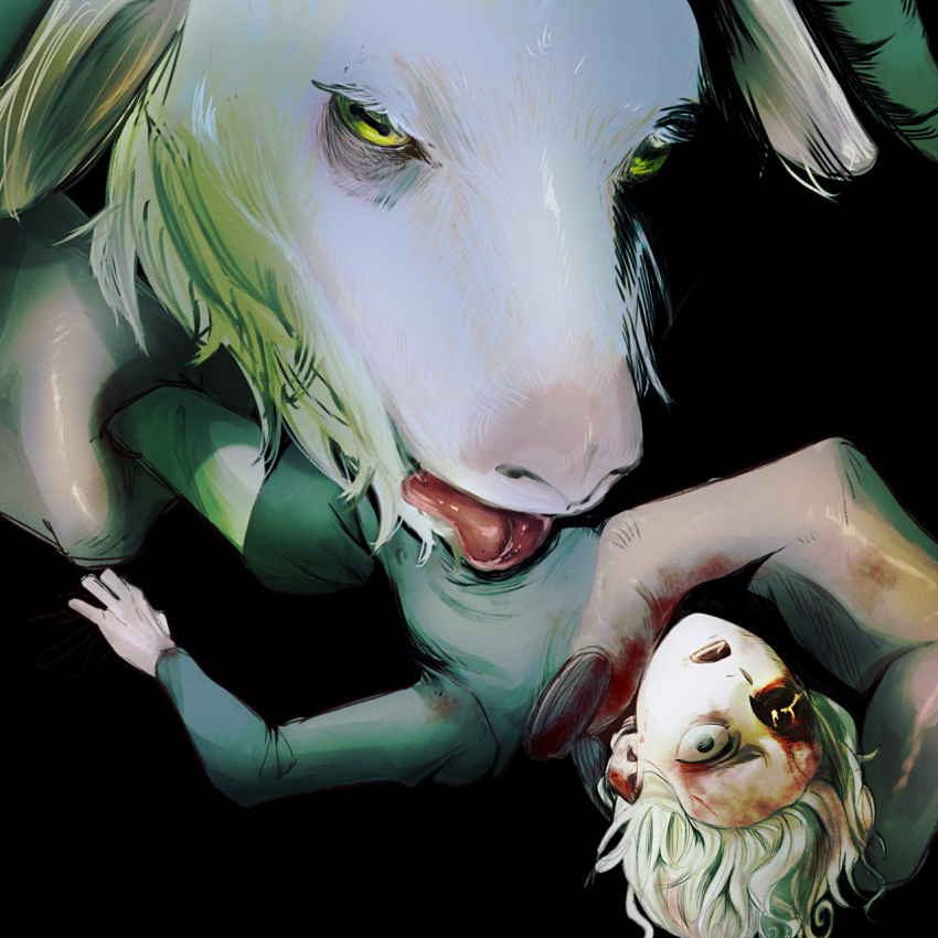 1boy animal bags_under_eyes black_background black_eyes bleeding blood blood_on_face blood_on_hands dungeon_meshi elf eye_injury goat goat_(dungeon_meshi) green_shirt grey_hair hand_on_another's_leg hand_on_another's_neck highres horizontal_pupils horror_(theme) injury licking licking_stomach long_sleeves lying male_focus missing_eye mithrun notched_ear on_back oversized_animal pointy_ears shirt short_hair simple_background symbol-shaped_pupils tongue tongue_out user_jwmp7225 wavy_hair wide-eyed yellow_eyes