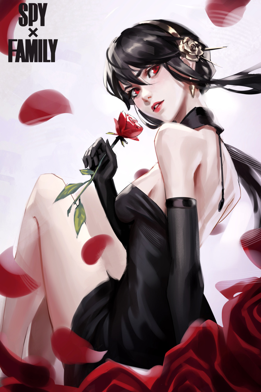 absurdres black_dress black_gloves black_hair breasts copyright_name dress earrings elbow_gloves falling_petals female flower gloves gold_earrings gold_hairband hairband highres holding holding_flower jewelry justb1aze medium_breasts petals red_eyes red_flower red_lips red_rose rose solo spy_x_family yor_briar